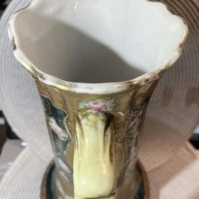 Sale Photo Thumbnail #170: Antique Victorian Era Decorated Tankard/Pitcher Unmarked Base 13.5" Tall in Good Preowned Condition. $15 DOMESTIC INHOUSE SHIPPING.