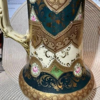 Sale Photo Thumbnail #173: Antique Victorian Era Decorated Tankard/Pitcher Unmarked Base 13.5" Tall in Good Preowned Condition. $15 DOMESTIC INHOUSE SHIPPING.