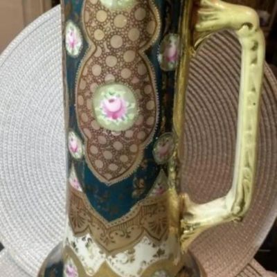 Sale Photo Thumbnail #166: Antique Victorian Era Decorated Tankard/Pitcher Unmarked Base 13.5" Tall in Good Preowned Condition. $15 DOMESTIC INHOUSE SHIPPING.