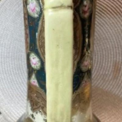 Sale Photo Thumbnail #169: Antique Victorian Era Decorated Tankard/Pitcher Unmarked Base 13.5" Tall in Good Preowned Condition. $15 DOMESTIC INHOUSE SHIPPING.