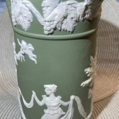 Sale Photo Thumbnail #178: Antique Sage Green Unmarked Base Jasperware Large Pitcher 9" Tall in VG Preowned Condition. $15 DOMESTIC INHOUSE SHIPPING.