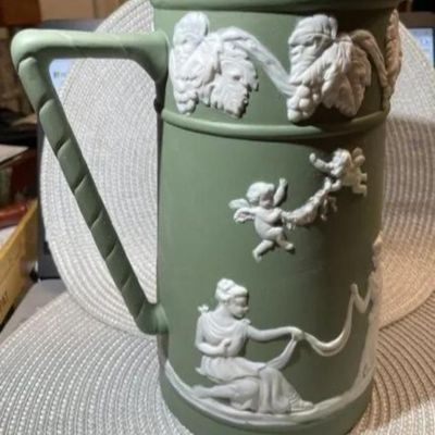 Sale Photo Thumbnail #175: Antique Sage Green Unmarked Base Jasperware Large Pitcher 9" Tall in VG Preowned Condition. $15 DOMESTIC INHOUSE SHIPPING.