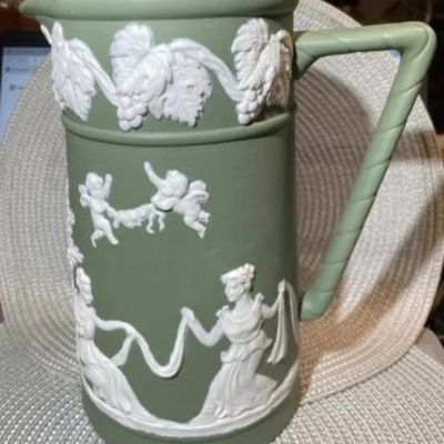 Sale Photo Thumbnail #176: Antique Sage Green Unmarked Base Jasperware Large Pitcher 9" Tall in VG Preowned Condition. $15 DOMESTIC INHOUSE SHIPPING.