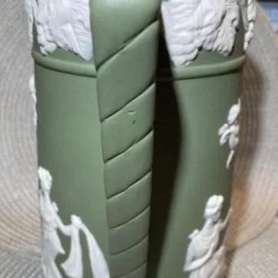 Sale Photo Thumbnail #179: Antique Sage Green Unmarked Base Jasperware Large Pitcher 9" Tall in VG Preowned Condition. $15 DOMESTIC INHOUSE SHIPPING.