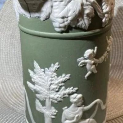 Sale Photo Thumbnail #177: Antique Sage Green Unmarked Base Jasperware Large Pitcher 9" Tall in VG Preowned Condition. $15 DOMESTIC INHOUSE SHIPPING.