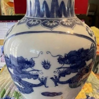 Sale Photo Thumbnail #194: Chinese Blue & White Dragon Jar/Vase Heavy Porcelain Body Boldly Painted in Cobalt Blue w/4 Four-Clawed 12-1/2" Tall Preowned. $20 DOMESTIC SHIPPING.