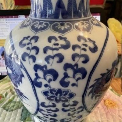 Sale Photo Thumbnail #195: Chinese Blue & White Dragon Jar/Vase Heavy Porcelain Body Boldly Painted in Cobalt Blue w/4 Four-Clawed 12-1/2" Tall Preowned. $20 DOMESTIC SHIPPING.