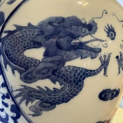 Sale Photo Thumbnail #199: Chinese Blue & White Dragon Jar/Vase Heavy Porcelain Body Boldly Painted in Cobalt Blue w/4 Four-Clawed 12-1/2" Tall Preowned. $20 DOMESTIC SHIPPING.