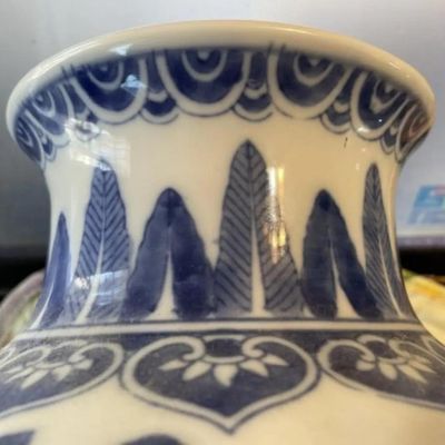 Sale Photo Thumbnail #197: Chinese Blue & White Dragon Jar/Vase Heavy Porcelain Body Boldly Painted in Cobalt Blue w/4 Four-Clawed 12-1/2" Tall Preowned. $20 DOMESTIC SHIPPING.