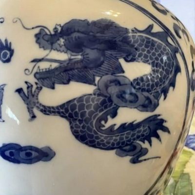 Sale Photo Thumbnail #200: Chinese Blue & White Dragon Jar/Vase Heavy Porcelain Body Boldly Painted in Cobalt Blue w/4 Four-Clawed 12-1/2" Tall Preowned. $20 DOMESTIC SHIPPING.