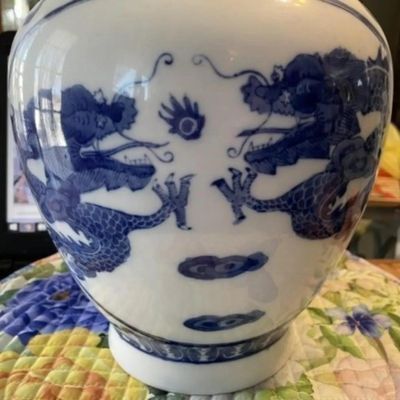 Sale Photo Thumbnail #193: Chinese Blue & White Dragon Jar/Vase Heavy Porcelain Body Boldly Painted in Cobalt Blue w/4 Four-Clawed 12-1/2" Tall Preowned. $20 DOMESTIC SHIPPING.