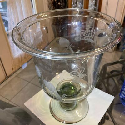 Sale Photo Thumbnail #205: Vintage Exquisite Large Engraved Etched Glass Hand Blown Trifle Footed Bowl or Candle Holder 12.25" Tall in VG Preowned Condition. $15 Domestic Shipping.