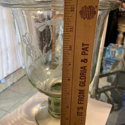 Sale Photo Thumbnail #207: Vintage Exquisite Large Engraved Etched Glass Hand Blown Trifle Footed Bowl or Candle Holder 12.25" Tall in VG Preowned Condition. $15 Domestic Shipping.