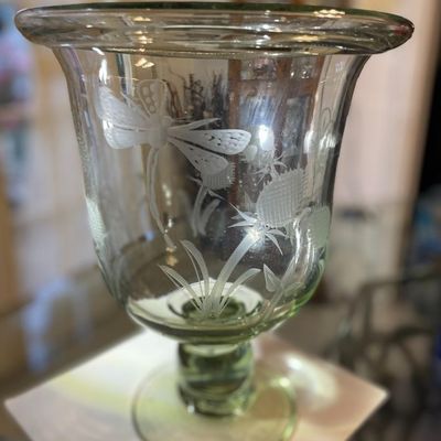 Sale Photo Thumbnail #208: Vintage Exquisite Large Engraved Etched Glass Hand Blown Trifle Footed Bowl or Candle Holder 12.25" Tall in VG Preowned Condition. $15 Domestic Shipping.