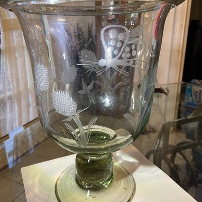 Sale Photo Thumbnail #203: Vintage Exquisite Large Engraved Etched Glass Hand Blown Trifle Footed Bowl or Candle Holder 12.25" Tall in VG Preowned Condition. $15 Domestic Shipping.