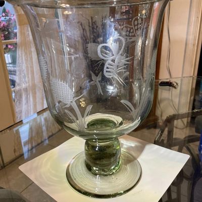 Sale Photo Thumbnail #204: Vintage Exquisite Large Engraved Etched Glass Hand Blown Trifle Footed Bowl or Candle Holder 12.25" Tall in VG Preowned Condition. $15 Domestic Shipping.