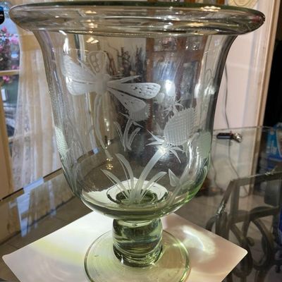 Sale Photo Thumbnail #201: Vintage Exquisite Large Engraved Etched Glass Hand Blown Trifle Footed Bowl or Candle Holder 12.25" Tall in VG Preowned Condition. $15 Domestic Shipping.