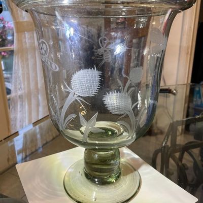 Sale Photo Thumbnail #202: Vintage Exquisite Large Engraved Etched Glass Hand Blown Trifle Footed Bowl or Candle Holder 12.25" Tall in VG Preowned Condition. $15 Domestic Shipping.