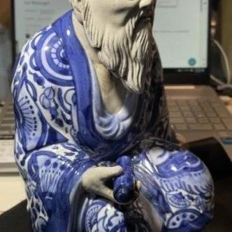 Sale Photo Thumbnail #210: Vintage Japanese Kutani Porcelain Old Mud Man Scholar Figurine Blue & White in Very Good Preowned Condition. 11.5" Tall. $15 Domestic Shipping.