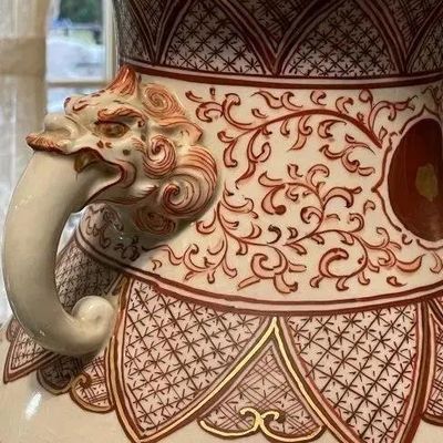 Sale Photo Thumbnail #229: Early Japanese Kutani/Satsuma Hand Painted Signed Red/Gold Mark Vase from 1800's 15.5" Tall & w/Base 17" Tall VG/FANTASTIC Preowned Condition. (Pickup Only in Berlin, NJ 08009)