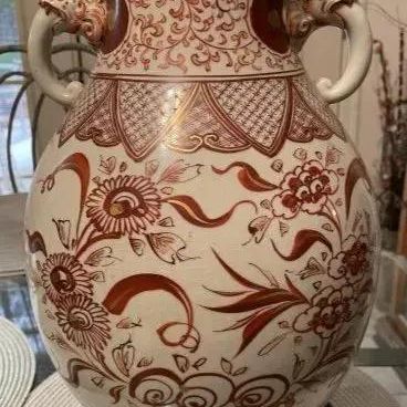 Sale Photo Thumbnail #227: Early Japanese Kutani/Satsuma Hand Painted Signed Red/Gold Mark Vase from 1800's 15.5" Tall & w/Base 17" Tall VG/FANTASTIC Preowned Condition. (Pickup Only in Berlin, NJ 08009)