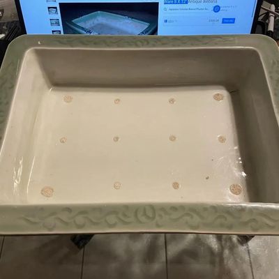 Sale Photo Thumbnail #241: Vintage Japanese Celadon Bonsai Seto Ware Planter 10.5" X 14.25" Very Heavy in VG Preowned Condition as Pictured. $20 DOMESTIC SHIPPING.