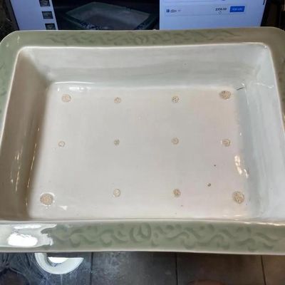Sale Photo Thumbnail #239: Vintage Japanese Celadon Bonsai Seto Ware Planter 10.5" X 14.25" Very Heavy in VG Preowned Condition as Pictured. $20 DOMESTIC SHIPPING.