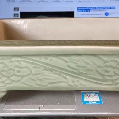 Sale Photo Thumbnail #238: Vintage Japanese Celadon Bonsai Seto Ware Planter 10.5" X 14.25" Very Heavy in VG Preowned Condition as Pictured. $20 DOMESTIC SHIPPING.