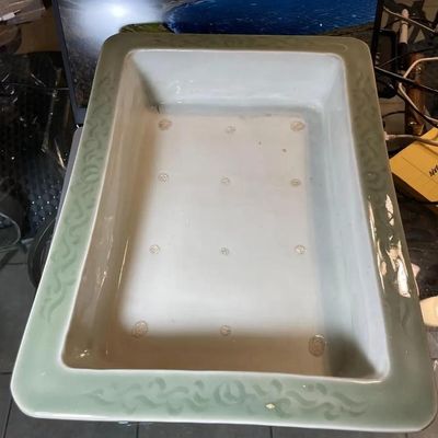 Sale Photo Thumbnail #242: Vintage Japanese Celadon Bonsai Seto Ware Planter 10.5" X 14.25" Very Heavy in VG Preowned Condition as Pictured. $20 DOMESTIC SHIPPING.