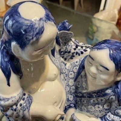 Sale Photo Thumbnail #253: Vintage Chinese Blue & White Immortal HeHe Porcelain Figurine 10.75" Tall & 8" Wide in VG Preowned Condition from an Estate. (Heavy & Very Nicely Designed). $15 Domestic Shipping.