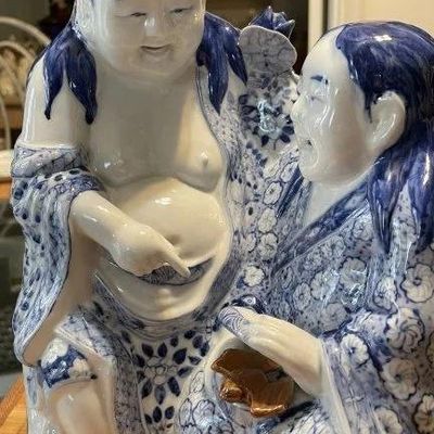Sale Photo Thumbnail #247: Vintage Chinese Blue & White Immortal HeHe Porcelain Figurine 10.75" Tall & 8" Wide in VG Preowned Condition from an Estate. (Heavy & Very Nicely Designed). $15 Domestic Shipping.