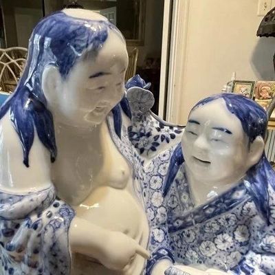 Sale Photo Thumbnail #251: Vintage Chinese Blue & White Immortal HeHe Porcelain Figurine 10.75" Tall & 8" Wide in VG Preowned Condition from an Estate. (Heavy & Very Nicely Designed). $15 Domestic Shipping.