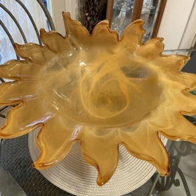 Sale Photo Thumbnail #269: Unique Huge Mid-Century Art Glass Pedestal Bowl w/Scalloped Edges 7" Tall & 18" Wide in VG Preowned Condition. $18 Domestic Shipping.