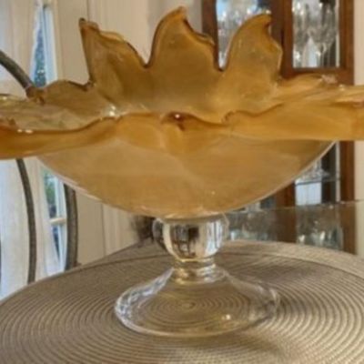 Sale Photo Thumbnail #271: Unique Huge Mid-Century Art Glass Pedestal Bowl w/Scalloped Edges 7" Tall & 18" Wide in VG Preowned Condition. $18 Domestic Shipping.