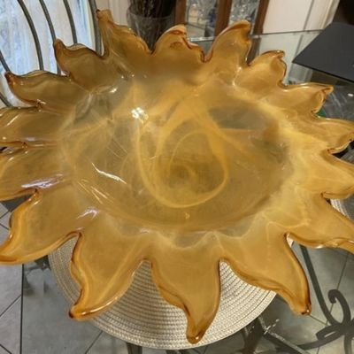 Sale Photo Thumbnail #272: Unique Huge Mid-Century Art Glass Pedestal Bowl w/Scalloped Edges 7" Tall & 18" Wide in VG Preowned Condition. $18 Domestic Shipping.