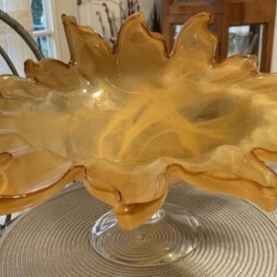Sale Photo Thumbnail #270: Unique Huge Mid-Century Art Glass Pedestal Bowl w/Scalloped Edges 7" Tall & 18" Wide in VG Preowned Condition. $18 Domestic Shipping.
