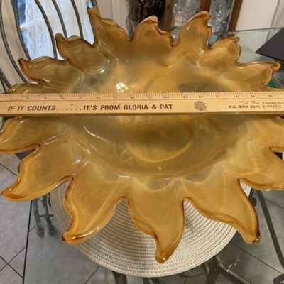 Sale Photo Thumbnail #273: Unique Huge Mid-Century Art Glass Pedestal Bowl w/Scalloped Edges 7" Tall & 18" Wide in VG Preowned Condition. $18 Domestic Shipping.