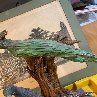 Sale Photo Thumbnail #278: Vintage Driftwood Birds Artwork on a Bark/Branch 15.50” Tall in Good Preowned Condition, Very Nicely Done. $20 Domestic Shipping.