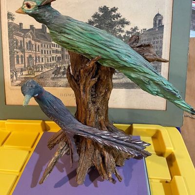Sale Photo Thumbnail #277: Vintage Driftwood Birds Artwork on a Bark/Branch 15.50” Tall in Good Preowned Condition, Very Nicely Done. $20 Domestic Shipping.