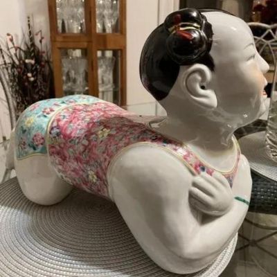 Sale Photo Thumbnail #317: Vintage Earlier SIGNED BASE Chinese Famille Porcelain Baby Child/Girl Opium Pillow Art Statue Sculpture 14" Long as Pic'd. Heavy Piece. (Pickup Only in Berlin, NJ 08009)