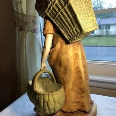 Sale Photo Thumbnail #326: Antique Early 1900's Scarce Austrian Turn-Teplitz Amphora Porcelain Lady with Basket Statue 16.5" Tall #4623 in VG Condition as Pictured. (Free Local Pickup Only in Berlin, NJ 08009)
