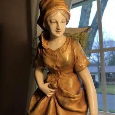 Sale Photo Thumbnail #324: Antique Early 1900's Scarce Austrian Turn-Teplitz Amphora Porcelain Lady with Basket Statue 16.5" Tall #4623 in VG Condition as Pictured. (Free Local Pickup Only in Berlin, NJ 08009)