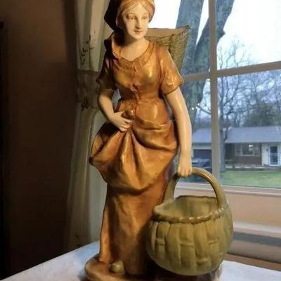 Sale Photo Thumbnail #323: Antique Early 1900's Scarce Austrian Turn-Teplitz Amphora Porcelain Lady with Basket Statue 16.5" Tall #4623 in VG Condition as Pictured. (Free Local Pickup Only in Berlin, NJ 08009)