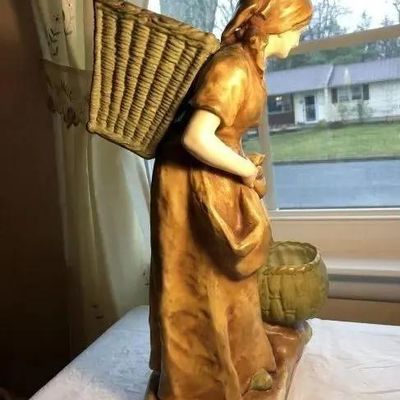 Sale Photo Thumbnail #327: Antique Early 1900's Scarce Austrian Turn-Teplitz Amphora Porcelain Lady with Basket Statue 16.5" Tall #4623 in VG Condition as Pictured. (Free Local Pickup Only in Berlin, NJ 08009)
