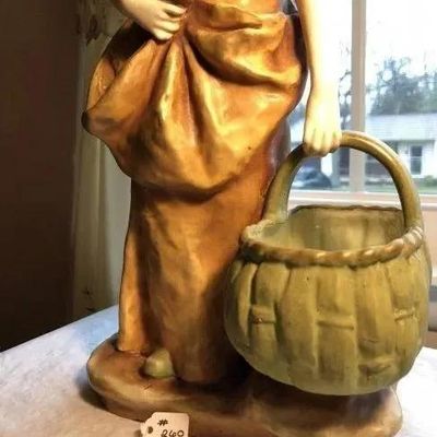 Sale Photo Thumbnail #325: Antique Early 1900's Scarce Austrian Turn-Teplitz Amphora Porcelain Lady with Basket Statue 16.5" Tall #4623 in VG Condition as Pictured. (Free Local Pickup Only in Berlin, NJ 08009)