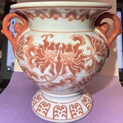 Sale Photo Thumbnail #335: Vintage Asian Hand Painted Porcelain Double Handled Coral Colored 8" Tall Heavy Vase Preowned from an Estate in Good Condition. $15 Domestic Shipping.