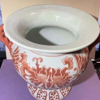 Sale Photo Thumbnail #333: Vintage Asian Hand Painted Porcelain Double Handled Coral Colored 8" Tall Heavy Vase Preowned from an Estate in Good Condition. $15 Domestic Shipping.