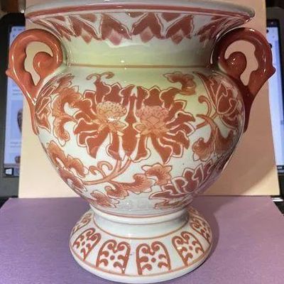 Sale Photo Thumbnail #332: Vintage Asian Hand Painted Porcelain Double Handled Coral Colored 8" Tall Heavy Vase Preowned from an Estate in Good Condition. $15 Domestic Shipping.