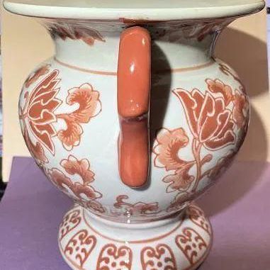 Sale Photo Thumbnail #334: Vintage Asian Hand Painted Porcelain Double Handled Coral Colored 8" Tall Heavy Vase Preowned from an Estate in Good Condition. $15 Domestic Shipping.