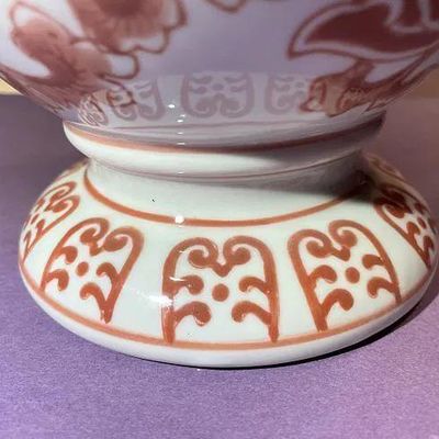 Sale Photo Thumbnail #336: Vintage Asian Hand Painted Porcelain Double Handled Coral Colored 8" Tall Heavy Vase Preowned from an Estate in Good Condition. $15 Domestic Shipping.